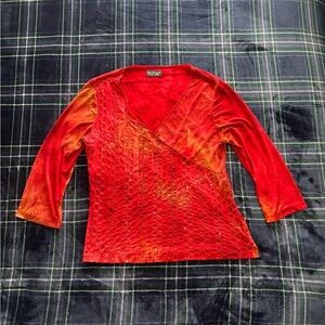 2000s style red and orange tie-dye top w/ embroidery&bedazzle details